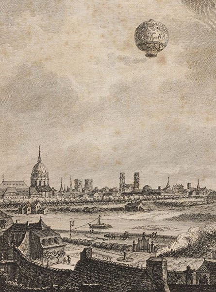 First free ascent of a manned hot-air Montgolfier balloon, Nov. 21, 1783, with Pilâtre de Rozier and Francois d’Arlandes on board, detail of engraved frontispiece, in Description des expériences de la machine aérostatique de MM. de Montgolfier, by Barthélemy Faujas-de-Saint-Fond, vol. 2, 1783-84 (Linda Hall Library)