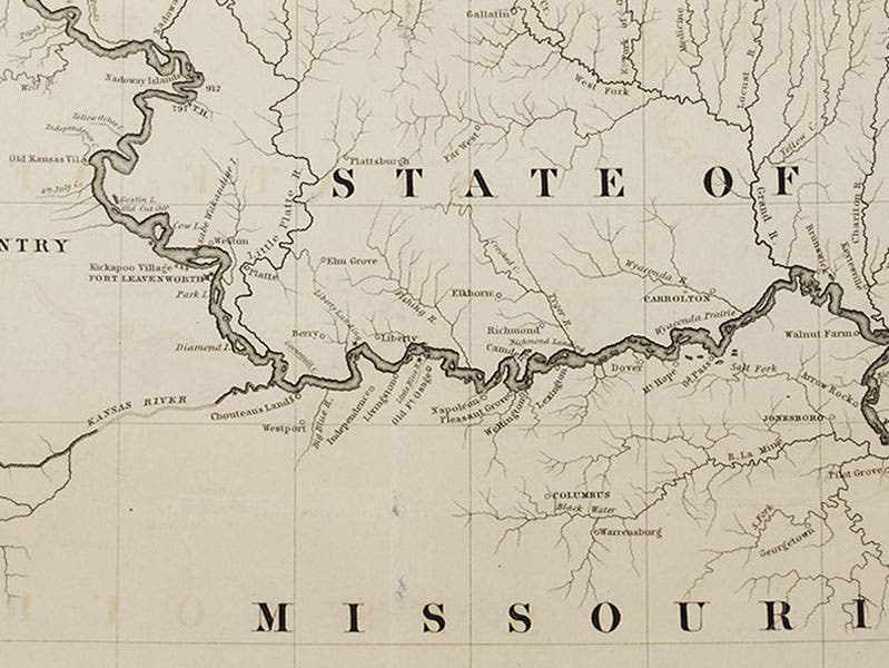 The Kansas City area, where the Missouri River turns east, on J. N. Nicollet’s map of the Upper Mississippi River, detail, 1843 (Linda Hall Library)