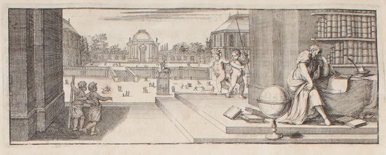 The architect as scholar, mathematician, and philosopher, engraved headpiece by Sébastien Le Clerc, in François Blondel, Resolution des quatre principaux problèmes d'architecure, in Recueil de plusieurs traitez de mathematique, 1676 (Linda Hall Library)