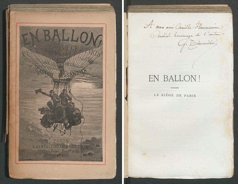 Decorative front cover, and half-title with presentation inscription, Gaston Tissandier, En ballon!, 1871 (Linda Hall Library)