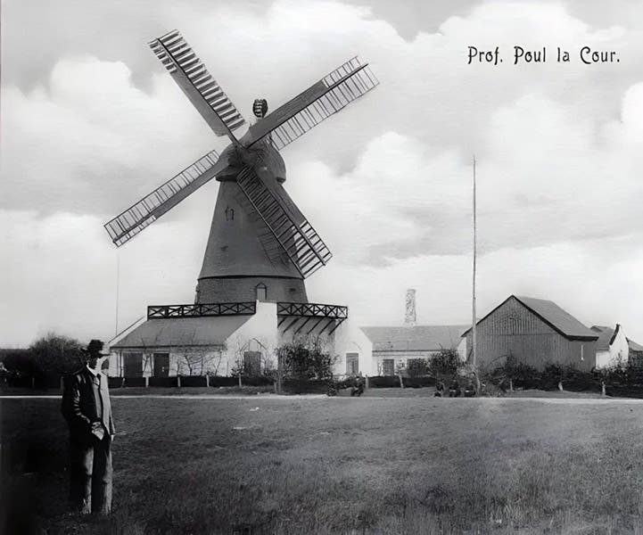 Poul La Cour, standing in front of the wind turbine he erected near his house in Askov, south Jutland; undated postcard (windpowerplus.com)