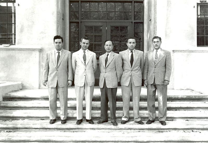 Hsue-Shen Tsien at Caltech, with colleague Frank Marble (second from left), his best friend on the faculty, who tried hard to get the government off Tsien’s back, photograph, 1954, Caltech archives (digital.archives.caltech.edu)