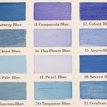 Swatches of various blues with names, detail of plate 9, A Nomenclature of Colors for Naturalists, by Robert Ridgway, 1886 (Linda Hall Library)