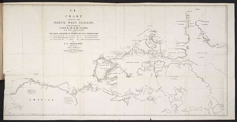 First map of a Northwest passage, by Edward Augustus Inglefield, dated Oct. 14, 1853, Papers Relative to the Recent Arctic Expeditions in Search of Sir John Franklin and the Crews of H.M.S. “Erebus” and “Terror” (an Arctic Blue Book), bound in at end, 1854 (The Linda Hall)