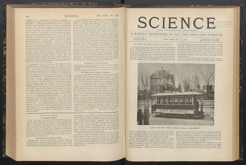 Two-page spread in the journal Science, vol. 13, 1889; George Francis FitzGerald’s letter to the editor is in the middle of the second column from the left (Linda Hall Library)