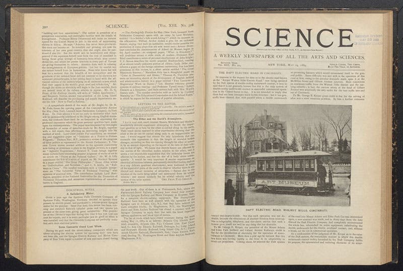 Two-page spread in the journal Science, vol. 13, 1889; George Francis FitzGerald’s letter to the editor is in the middle of the second column from the left (Linda Hall Library)