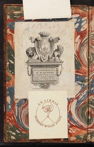 Bookplate of Antoine Lavoisier, underneath the Linda Hall Library bookplate, inside front cover of our copy of Rudolf Erich Raspe, Specimen historiae naturalis globi terraquei, 1763 (Linda Hall Library)