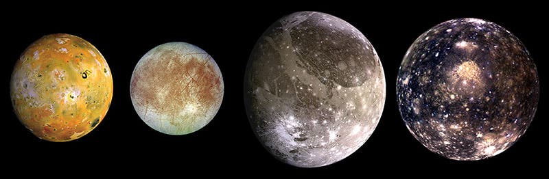 The four Galilean moons of Jupiter, mosaic of four photographs taken by the Galileo spacecraft, 1996-1997; from left they are: Io, Europa, Ganymede, Callisto (Wikimedia commons)