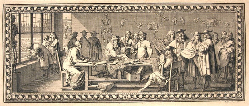Comparative anatomists at work in the Royal Academy of Sciences in Paris, headpiece engraved by Sébastien Le Clerc, in Claude Perrault, Mémoires pour servir a l’histoire naturelle des animaux, 1676 (Linda Hall Library)