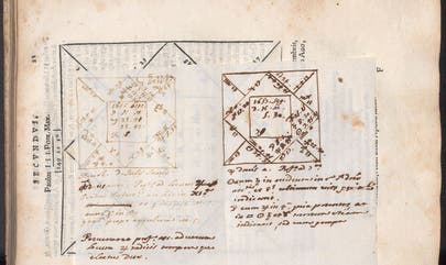 Handwritten astrological computations, in two different pens or hands, on a slip of paper inserted into the Library copy of Tractatus astrologicus, by Luca Gaurico, 1552 (Linda Hall Library)] 