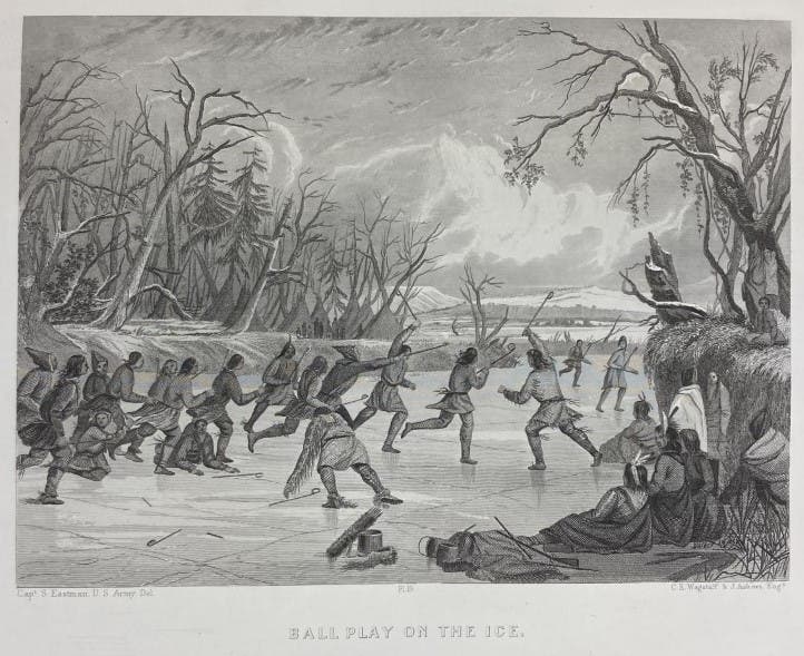 Dakota Indians playing ice hockey, engraving after Seth Eastman, in Indian Tribes of the United States, by Henry Schoolcraft, vol. 2, 1852 (Linda Hall Library)