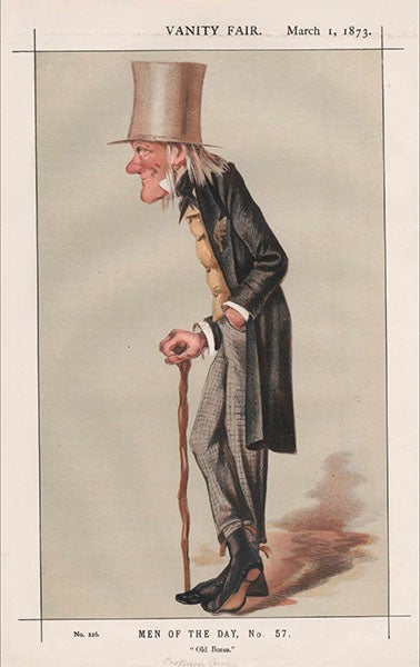 Caricature of Richard Owen, comparative anatomist, by Leslie Ward (“Spy”), chromolithograph in Vanity Fair, Mar. 1, 1873, captioned: “Old Bones,” National Portrait Gallery, London (npg.org.uk)