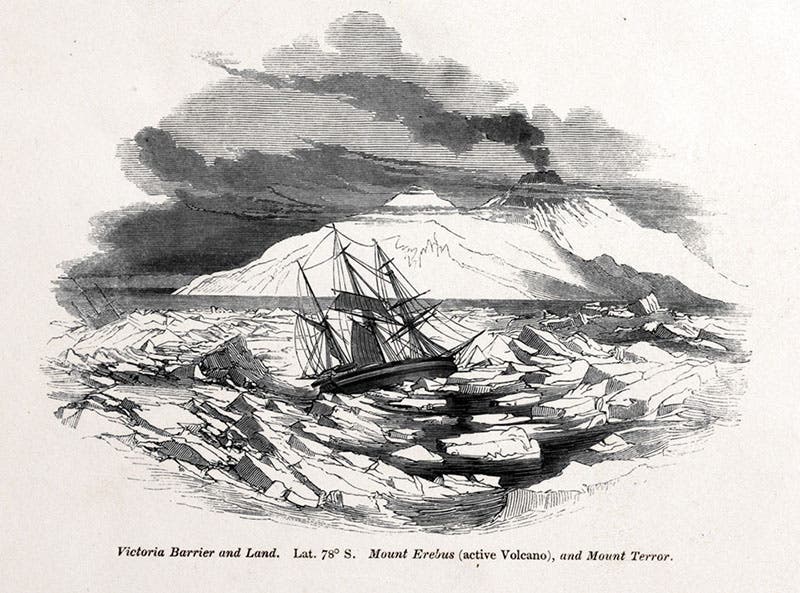 Mount Erebus (smoking) and Mount Terror, on Ross Island (not yet named), Antarctica, with (presumably) HMS Erebus in the foresea, engraved title-page vignette, in Botany of the Antarctic Voyage of H.M. Discovery Ships Erebus and Terror, by Joseph Dalton Hooker, 1844 (Linda Hall Library)