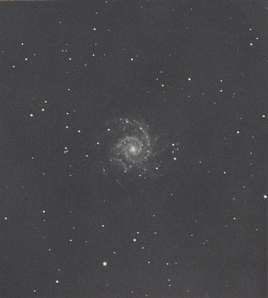 M74 spiral nebula in Pisces, photograph by James Keeler, cropped within plate borders, heliogravure in Photographs of Nebulae and Clusters Made with the Crossley Reflector, by James Keeler, Lick Observatory, plate 4, 1908 (Linda Hall Library)