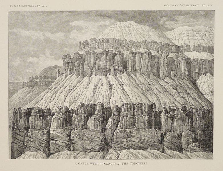 “A Gable with Pinnacles – The Toroweap,” wood engraving after a drawing by William Henry Holmes,  Tertiary History of the Grand Cañon District, by Clarence E. Dutton (USGS Monograph, 2), p. 84, 1882, copy 2 (Linda Hall Library)