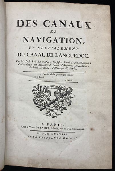 Title page, Des canaux de navigation, et spécialement du canal de Languedoc, by Joseph Jérôme Le Français de Lalande, 1778 (Linda Hall Library)