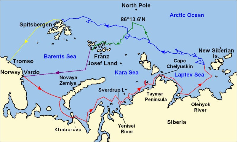 Map of Fram voyage and Nansen’s trek north (Wikipedia)