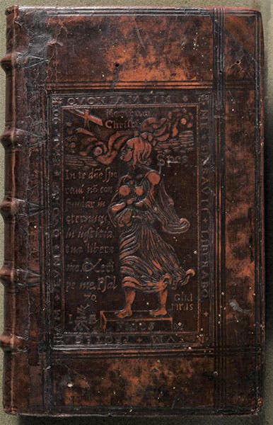“Spes” stamped binding, front cover, Erasmus Reinhold’s edition of Georg Peurbach, Theoricae novae planetarum, 1542 (Linda Hall Library)