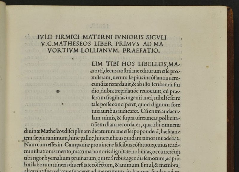 Detail of the first page of Firmicus Maternus, Matheseos liber, printed by Aldus Manutius (Linda Hall Library)