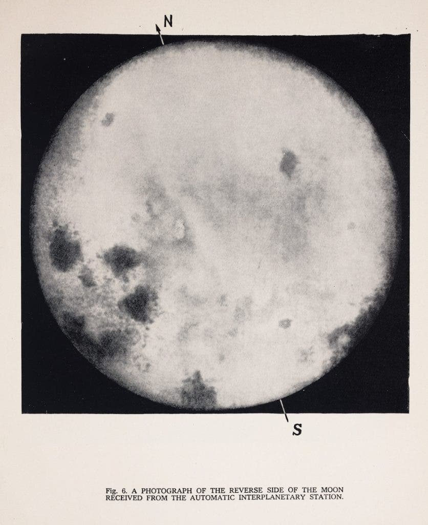 The lunar far side photographed by Luna 3. The spacecraft contained a duel-lens 35mm camera with 200mm and 500mm telephoto lenses. An onboard processing unit developed the film and sent scanned images to Earth. Image source: Akademii͡a nauk SSSR (USSR Academy of Sciences). Trans. George Yankovsky. First Photographs of the Reverse Side of the Moon. Moscow: Foreign Languages Publishing House, 1960. View Source