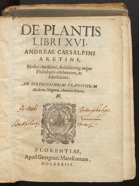 Title page, Andrea Cesalpino, De plantis libri XVI, 1583 (Linda Hall Library)