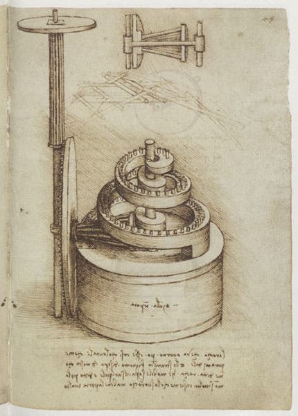 Improved device for drawing constant power from a coiled spring, drawing by Leonardo da Vinci, 1490s, fol. 45r, Madrid Codices, vol. 1, 1974 (Linda Hall Library)
