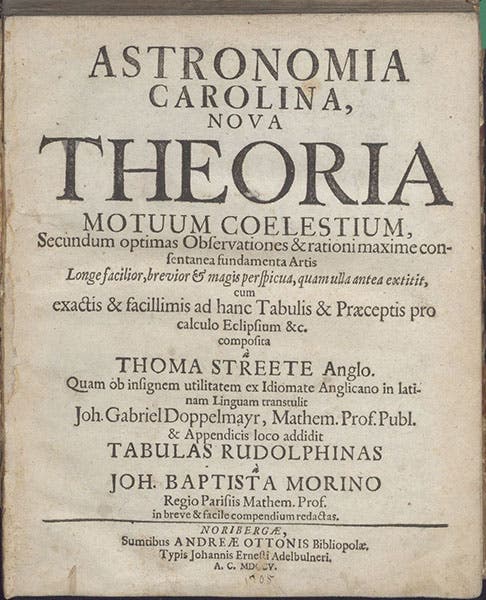 Title page, Astronomia Carolina, nova theoria motuum coelestium, by Thomas Streete, ed. and tr. by Johann Gabriel Doppelmayr, 1705 (Linda Hall Library)