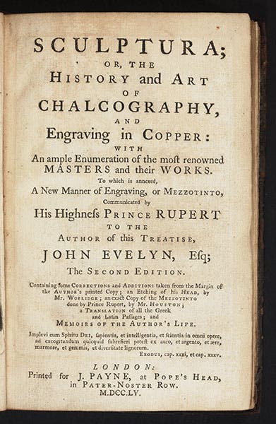 Title page of John Evelyn, Sculptura, 1755, mentioning Prince Rupert and his mezzotinto (Linda Hall Library)