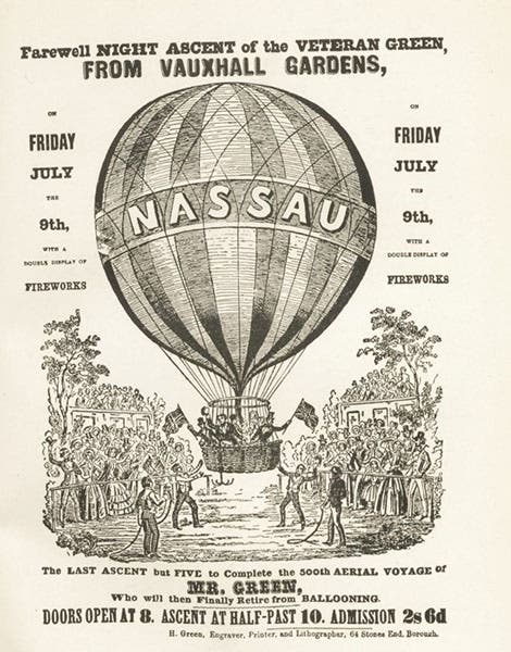 Playbill advertising Charles Green’s 495th ascent from Vauxhall Gardens in the Nassau, gravure in The History of Aeronautics in Great Britain, by John E. Hodgson, 1924 (Linda Hall Library)