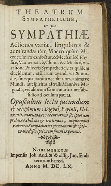 Title page, Theatrum sympatheticum, including treatises by Kenelm Digby and others, 1660 (Linda Hall Library)