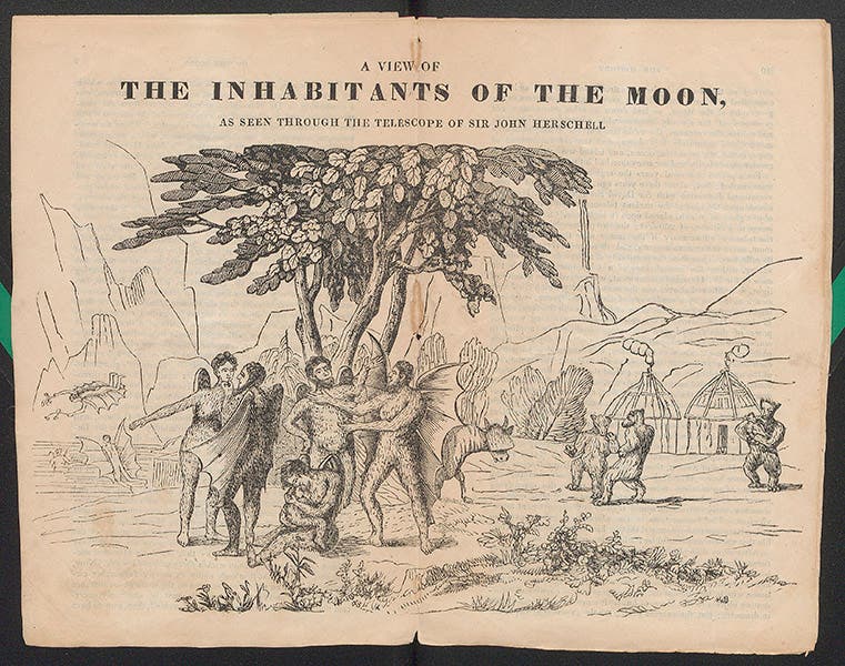 “A view of the inhabitants of the Moon, as seen through the telescope of Sir John Herschel," woodcut centerfold in The History of the Moon. or an Account of the Wonderful Discoveries of by Sir John Herschel, [by Richard Adams Locke],1835 (Linda Hall Library)