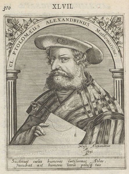 Portrait of Claudius Ptolemy of Alexandria, engraving by Theodor de Bry, in Icones quinquaginta virorum illustrium, by Jean Jacques Boissard, vol. 2, p. 310, no. 47, 1597-99 (Linda Hall Library)