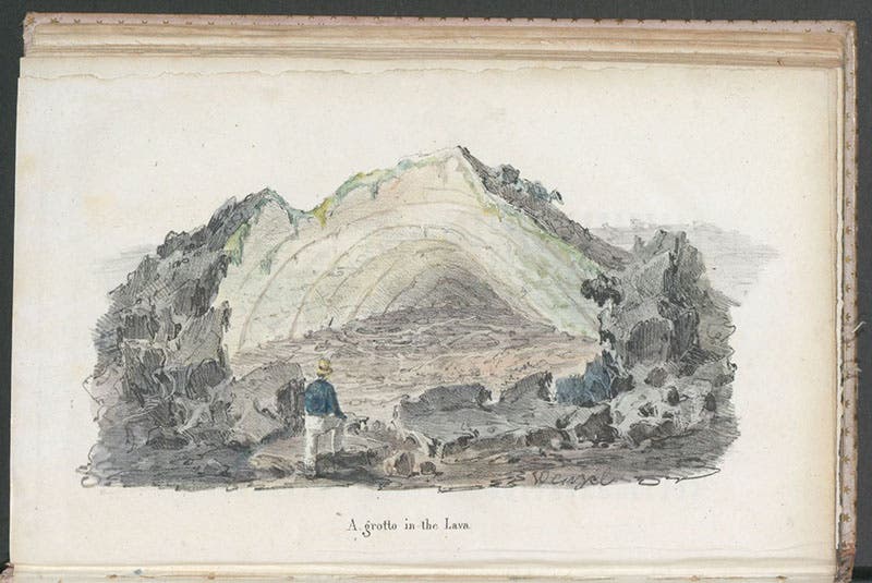 A grotto in the lava,” [Feb., 1932], hand-colored lithograph from a drawing by John Auldjo, in his Sketches of Vesuvius, 1832 (Linda Hall Library)