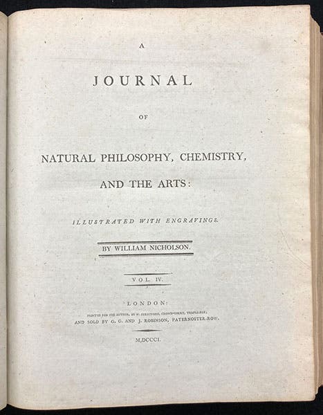 Title page, Journal of Natural Philosophy, Chemistry and the Arts, ed. by William Nicholson, vol. 4, 1801 (Linda Hall Library)