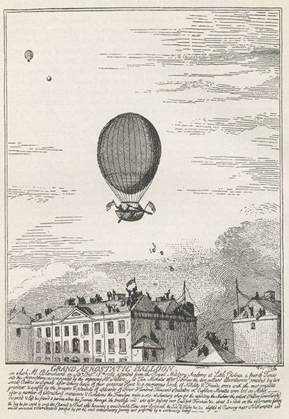 The ascent of Jean-Pierre Blanchard in a hydrogen balloon from Chelsea, England, on Oct. 16, 1784, contemporary engraving, reproduced in The History of Aeronautics in Great Britain, from the Earliest Times to the Latter Half of the Nineteenth Century, by J. E. Hodgson, 1924 (Linda Hall Library)
