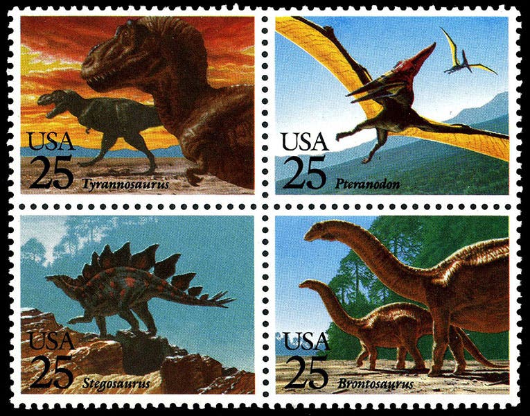 Four U.S. Postal Service stamps, 1989, designed by John Gurche (Paleophilatelie)