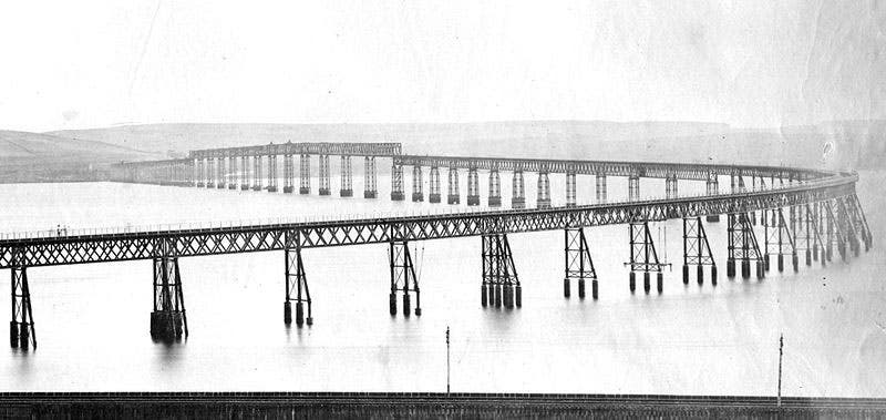 The original Tay Bridge, designed by Thomas Bouch, 1878 (Wikipedia)