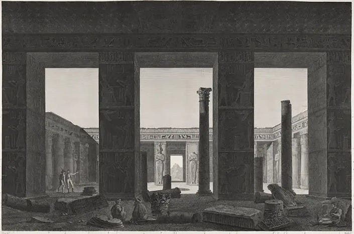 Medinet Habu is across the Nile from Thebes, near the Valley of the Kings. In this detail of the temple interior, two French engineers can be seen at the left, one holding a portfolio of drawings under his arm.