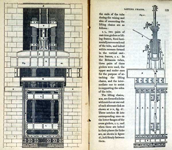 Hydraulic press and wrought iron chains for lifting the tubes. Image source: Dempsey, George Drysdale. Tubular and Other Iron Girder Bridges, Particularly Describing the Britannia and Conway Tubular Bridges. London, John Weale, 1850, pp. 128-129.