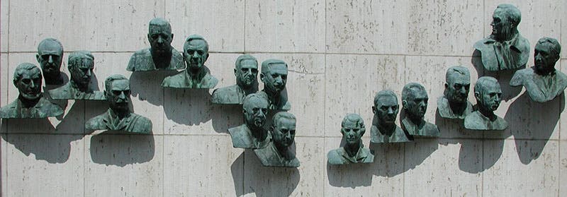 Busts of researchers involved in polio research, at the Polio Hall of Fame, Warm Spring, Georgia; Karl Landsteiner’s bust is fourth from the left (Wikimedia commons)