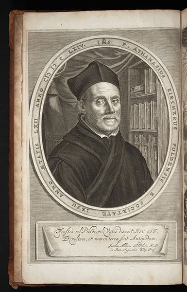 Portrait of Athanasius Kircher, engraved frontispiece to his Mundus subterraneus, vol. 1, 1665 (Linda Hall Library)