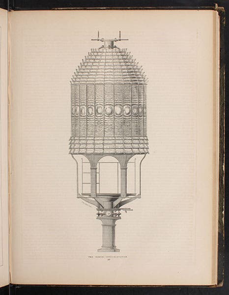 Fresnel lens at the New York Crystal Palace exhibition, text engraving, The World of Science, Art, and Industry Illustrated from Examples in the New-York Exhibition, 1853-54, 1854 (Linda Hall Library)