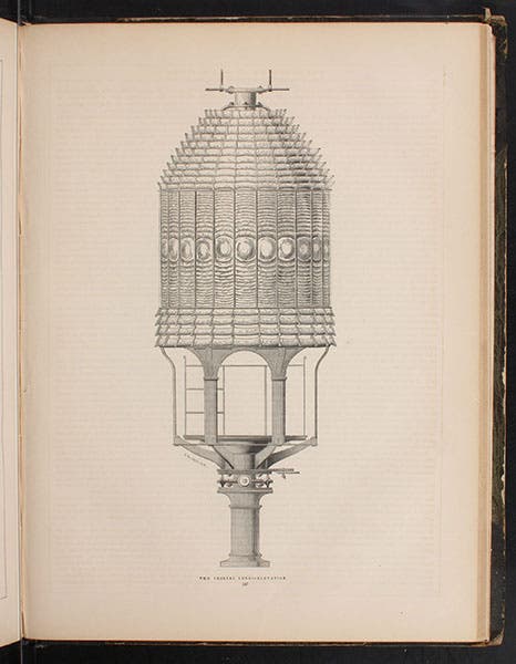 Fresnel lens at the New York Crystal Palace exhibition, text engraving,  The World of Science, Art, and Industry Illustrated from Examples in the New-York Exhibition, 1853-54, 1854 (Linda Hall Library)