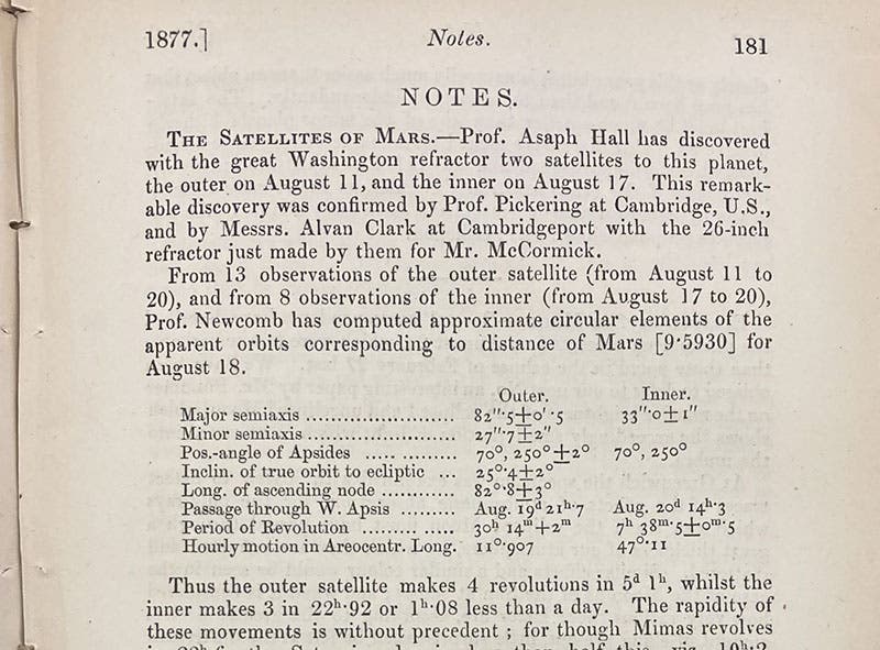 Announcement of the discovery of two Martian moons by Asaph Hall, The Observatory, vol. 1 (6), Sep. 20, 1877, p. 181 (Linda Hall Library)
