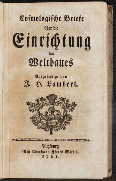 Title page, Cosmologische Briefe, by Johann Lambert, 1761 (Linda Hall Library)