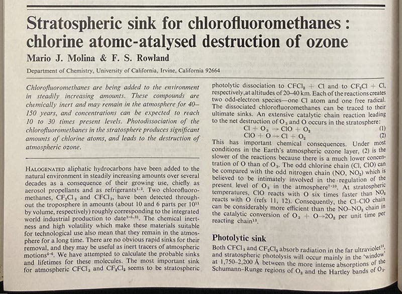 First paragraph, “Stratospheric sink for chlorofluoromethanes: Chlorine atomc-atalysed destruction of ozone,” by Mario J. Molina and F.S. Rowland, Nature, vol. 249, p. 810, June 28, 1974 (The Linda Hall)