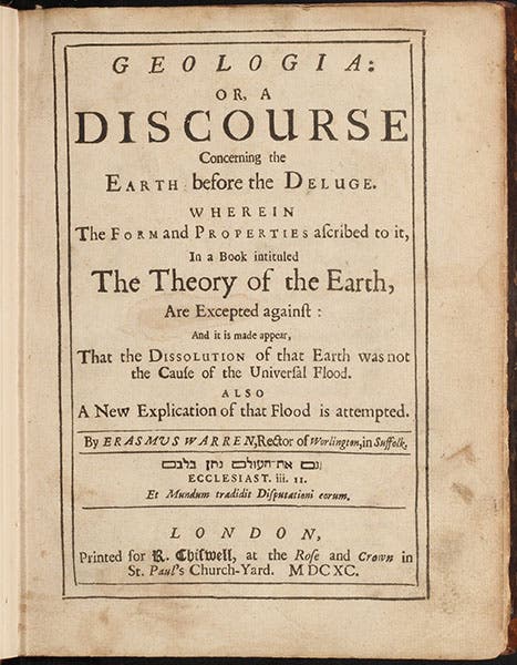 Title page, Erasmus Warren, Geologia : or, A Discourse Concerning the Earth Before the Deluge, wherein the Form and Properties Ascribed to it, in a Book intituled the Theory of the Earth, are Excepted against, 1690 (Linda Hall Library)
