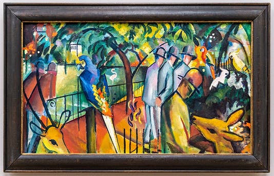 <i>Zoological Garden 1</i>, by August Macke, oil on canvas, Lenbachhaus, Munich, 1912 (Wikimedia commons)