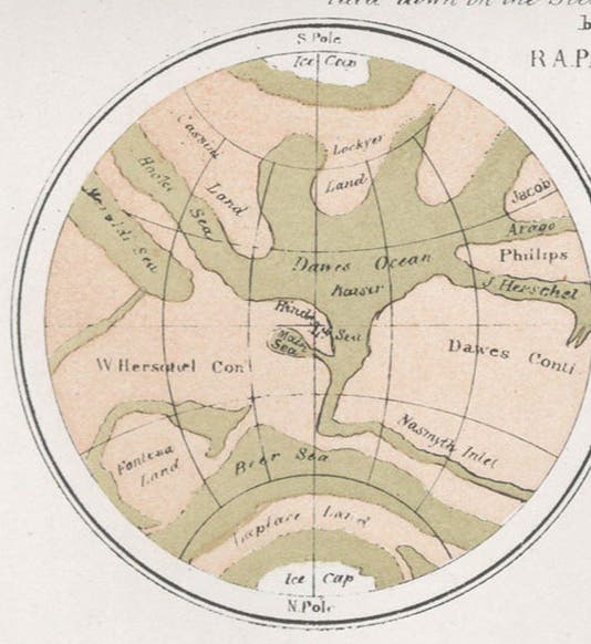 The left hemisphere of Mars in a map of Mars by Richard A. Proctor, in his Other Worlds than Ours, fifth London ed., 1882 (Linda Hall Library)