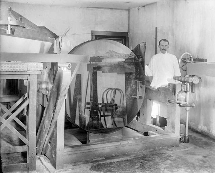 The mirror for the 60-inch Mount Wilson reflector, in the optical shop, photograph ca 1907; that is not George Ritchey, but an unnamed technician, in the photograph (mtwilson.edu)